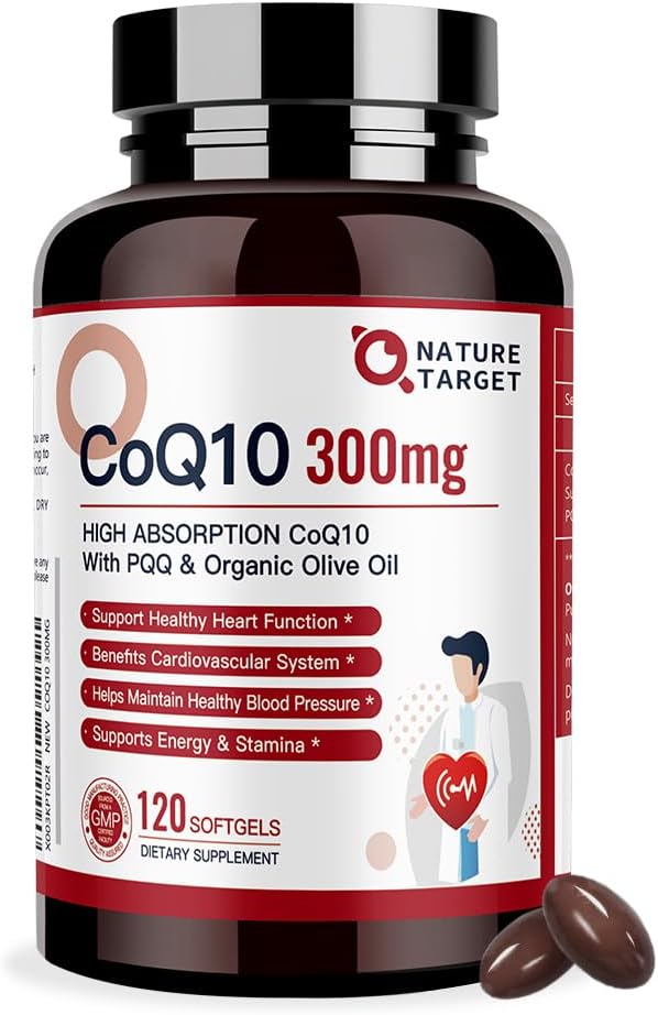 NATURE TARGET CoQ10-300mg-Softgels + PQQ with Organic-Olive-Oil Absorption-Coenzyme-Q10 - 120 Servings