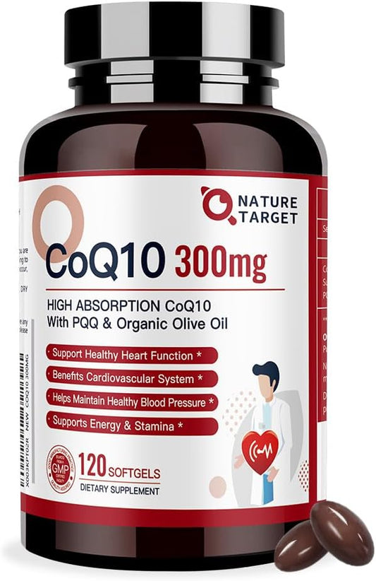 NATURE TARGET CoQ10-300mg-Softgels + PQQ with Organic-Olive-Oil Absorption-Coenzyme-Q10 - 120 Servings