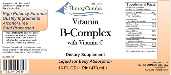 HoneyCombs Vitamin B Complex Drops – B1, B2, B2, B3, B3, B5, B5, B6, B6, B7, B7, B9, B9, B12 B12 & 16 Fl
