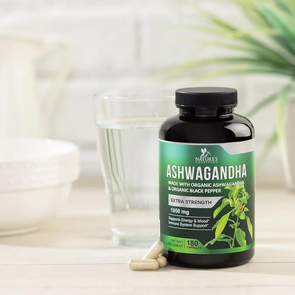 Nature's Nutrition Organic Ashwagandha Capsules Extra 1950mg - 180 Capsules