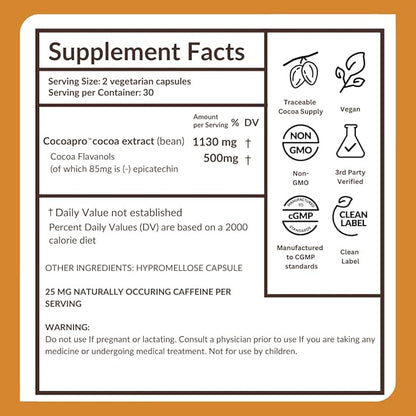 CocoaVia Cardio Health Supplement, 30 Day, 500mg Cocoa Flavanols, Support Heart Health, Boost Nitric Oxide, Blood Circulation, Energy, Vegan, Dark Chocolate, 60 Capsules
