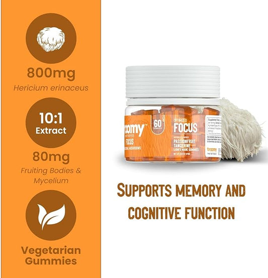 Troomy Lion's Mane Focus Gummies 60 Count - Natural Tangerine and Passionfruit Flavor, Gelatin-Free, Gluten-Free, Vegetarian