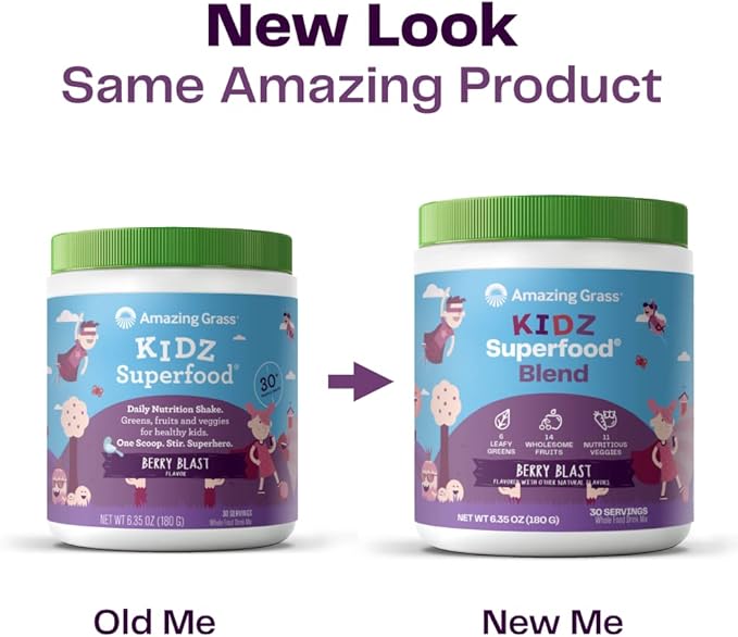 Amazing Grass Kidz Superfood: Organic Greens, Fruits, Veggies, Beet Root Powder & Probiotics for Healthy Kids, Berry Blast, 30 Servings