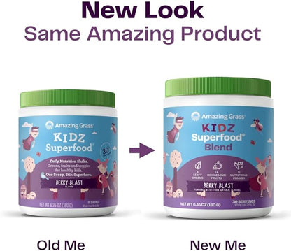 Amazing Grass Kidz Superfood: Organic Greens, Fruits, Veggies, Beet Root Powder & Probiotics for Healthy Kids, Berry Blast, 30 Servings
