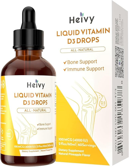 Liquid Vitamin D Drops, Pineapple Flavour Vitamin D3 100 mcg (4000 IU) Per Serving, Bone & Immune Support, Vegan, Gluten-Free, Non-GMO, 2 Fl Oz/60ml (Pack of 2)