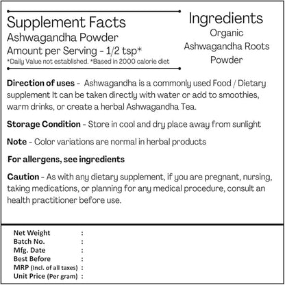 100% Organic Ashwagandha Powder- Withania Somnifera- 227g (0.5 (0.5 LB) 8 oz