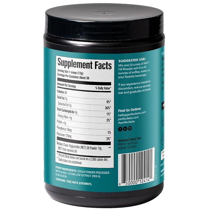 Perfect Keto 7g MCT Oil Powder, Medium Chain Triglycerides Supplement, Non Dairy Coffee Creamer for Keto Diet, Ketogenic MCT Oil Mix for Coffee, Smoothie, Protein Shakes, Chocolate, 30 Servings
