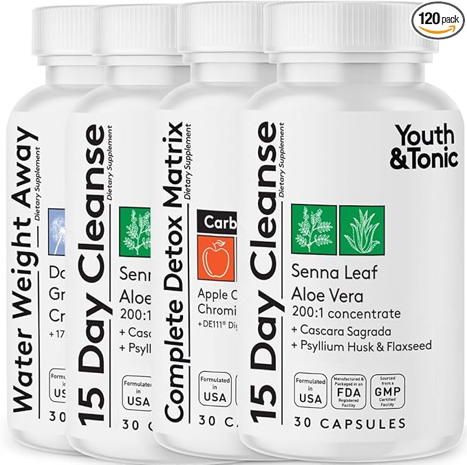 Detox Cleanse Kick Off Weight Management and Extra Colon Cleanser. 4pk for Water Loss, Bloating, Flat Stomach, Puffiness w Apple Cider Vinegar, Senna Leaf, Glucomannan, Chromium, Probiotic 120 Pills