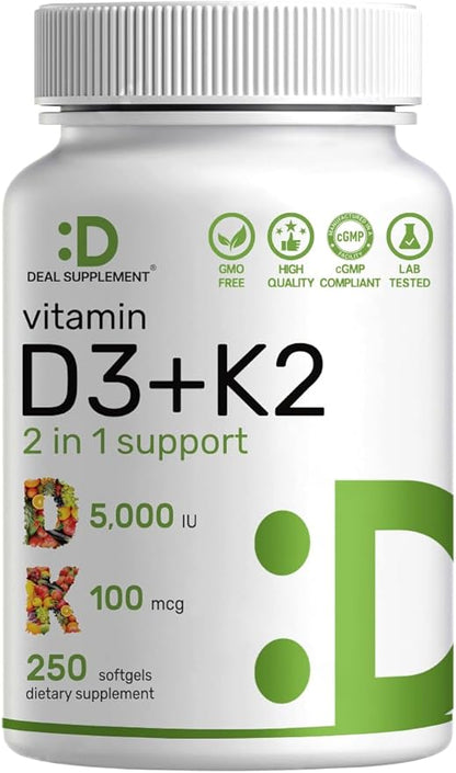 DEAL SUPPLEMENT Vitamin D3 5,000 IU + K2 MK7 Softgels, 250 Count | 2-in-1 Complex | Supports Heart, Bone, Teeth & Immune Health | Easy to Swallow