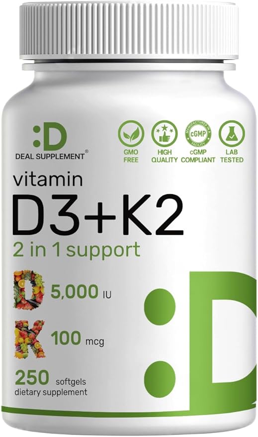 DEAL SUPPLEMENT Vitamin D3 5,000 IU + K2 MK7 Softgels, 250 Count | 2-in-1 Complex | Supports Heart, Bone, Teeth & Immune Health | Easy to Swallow