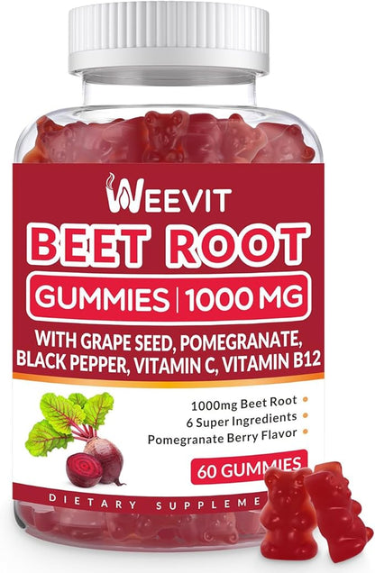 Beet Gummies 1000mg with Grape Seed, Pomegranate, Black Pepper, Vitamin C, B12 | Nitric Oxide Booster for Men Women, Organic Beet Root Gummies