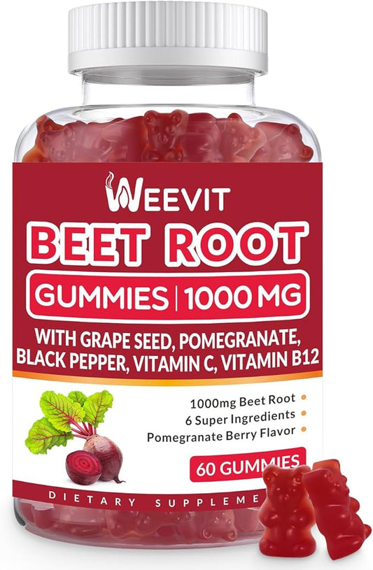 Beet Gummies 1000mg with Grape Seed, Pomegranate, Black Pepper, Vitamin C, B12 | Nitric Oxide Booster for Men Women, Organic Beet Root Gummies