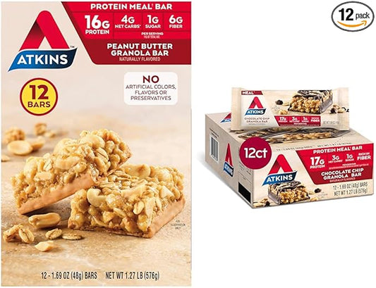 Atkins Peanut Butter & Chocolate Chip Granola Protein Meal Bars, High Fiber, 16-17g Protein, 1g Sugar, 3-4g Net Carbs, Keto Friendly, 12 Count