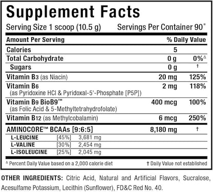 ALLMAX AMINOCORE BCAA, Pink Lemonade - 945 g Powder - 8.18 Grams of BCAAs Per Serving - with B Vitamins - No Fillers or Non-BCAA Aminos - Sugar Free - 90 Servings