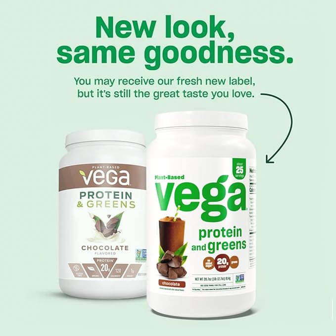 Vega Protein and Greens Protein Powder, Chocolate 20g Plant 1.2 lbs