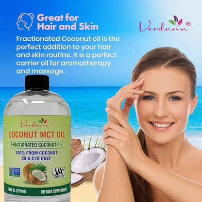 Verdana Coconut MCT Oil, Fractionated, Genuine 100% Coconut Derived, Kosher Food Grade, Vegan, Non-GMO, Great for Keto and Paleo Diet, Ayurvedic Oil Pulling Oral Rinse Mouthwash (16 Fl Oz)