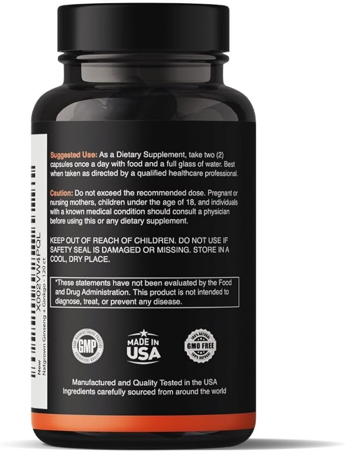 Natgrown Panax Ginseng & Ginkgo Biloba Supplement - Red Korean Ginseng & Ginko Biloba Capsules for Men & Women - Supports Memory Focus & Brain Function - Vegan Pills - 120 Count