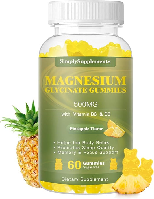 Magnesium Glycinate Gummies 500mg, Chewable Magnesium D3, B6, B6, CoQ10, CoQ10, for 60 Pineapple