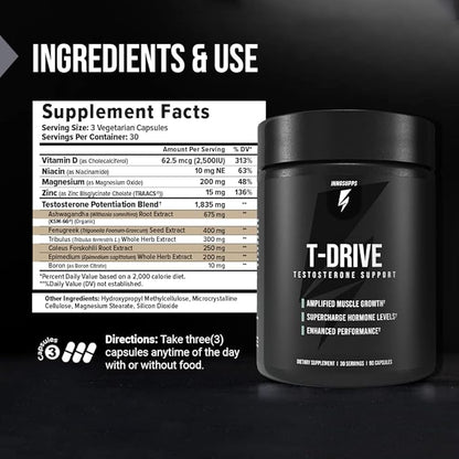 InnoSupps : T-Drive | Testosterone Booster | Amplify Muscle Growth | KSM-66 Ashwagandha, Boron, Fenugreek | 90 Capsules