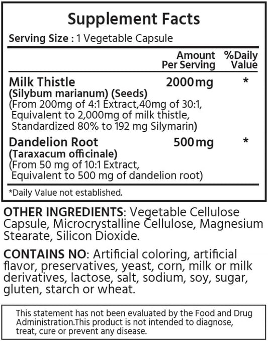 Triple Strength Milk Thistle 2000 mg 400 mg 120 Vegetable (4 Months