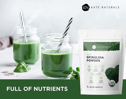 Kate Naturals Organic Spirulina Powder for Immune Support and Antioxidants. Nutrient Dense Superfood Supplement (2 lb, USDA Certified, Non-GMO, Gluten- Free)