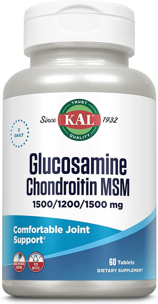 KAL Glucosamine Chondroitin MSM, Joint Support Supplement for Women and Men, 1500mg Glucosamine Sulfate, 1200mg Chondroitin, 1500mg MSM, Rapid Disintegration, 60-Day Guarantee, 20 Servings, 60 Tablets