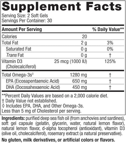 Nordic Naturals Ultimate Omega-D3, Lemon Flavor 60 Soft 1280 mg Omega-3 + 1000 IU D3 - Omega-3 Fish 30 Servings