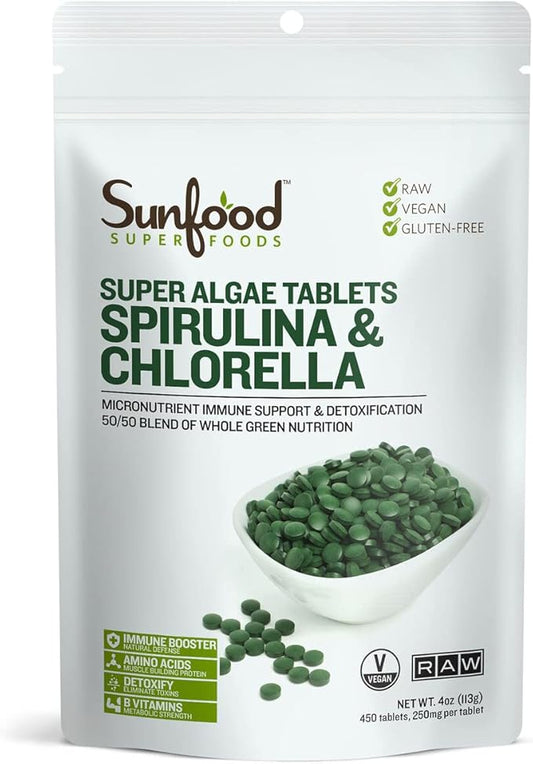 Sunfood Chlorella Spirulina Tablets - Spirulina and Chlorella Capsules, Chlorella Powder Pills, Green Algae Supplement Rich in Chlorophyll, Broken Cell Wall, Vegan - 4 oz Bag
