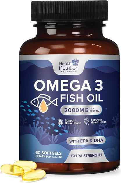 Triple Strength Omega 3 Fish Oil 2000 mg Omega-3 Supplements, 60 Count