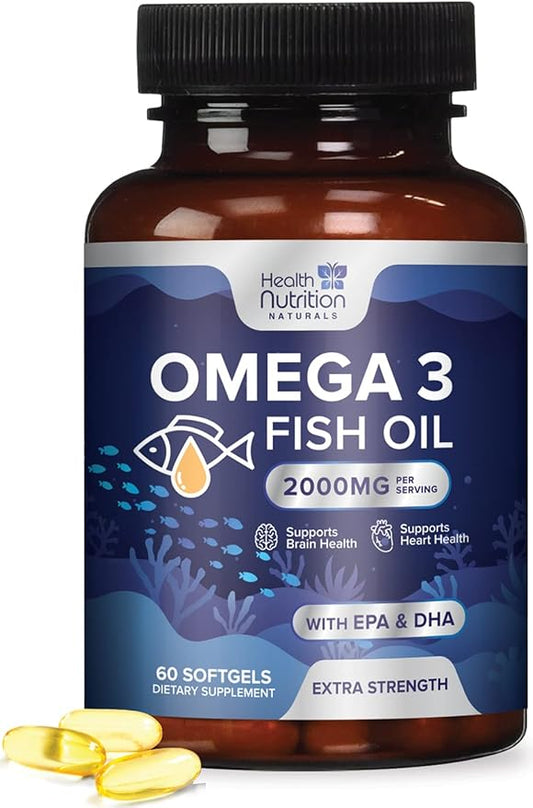 Triple Strength Omega 3 Fish Oil 2000 mg Omega-3 Supplements, 60 Count