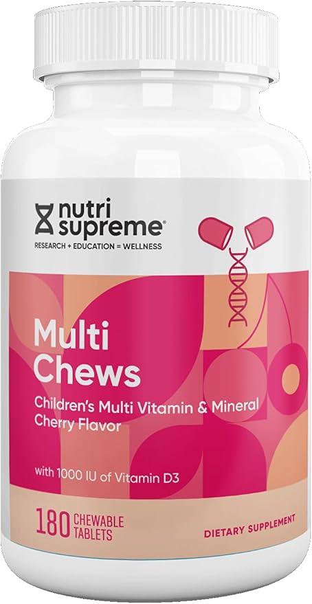 Delicious Kids Multivitamin, 180 Vegetarian Chews – Complete Children’s Supplement with Essential Vitamins and Minerals - Vitamin A, B, C, D3, Calcium, Iron, Folic Acid, Zinc – Cherry Flavor