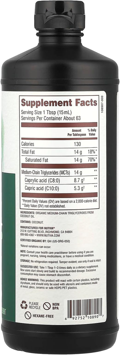 Nutiva Organic MCT Oil, Unflavored, 32 Oz, USDA Organic, Non-GMO, Non-BPA, Whole 30 Approved, Vegan, Gluten-Free & Keto, 14g MCT per Serving & Neutral Flavor for Energy Boost to Coffee, Shakes and Salads