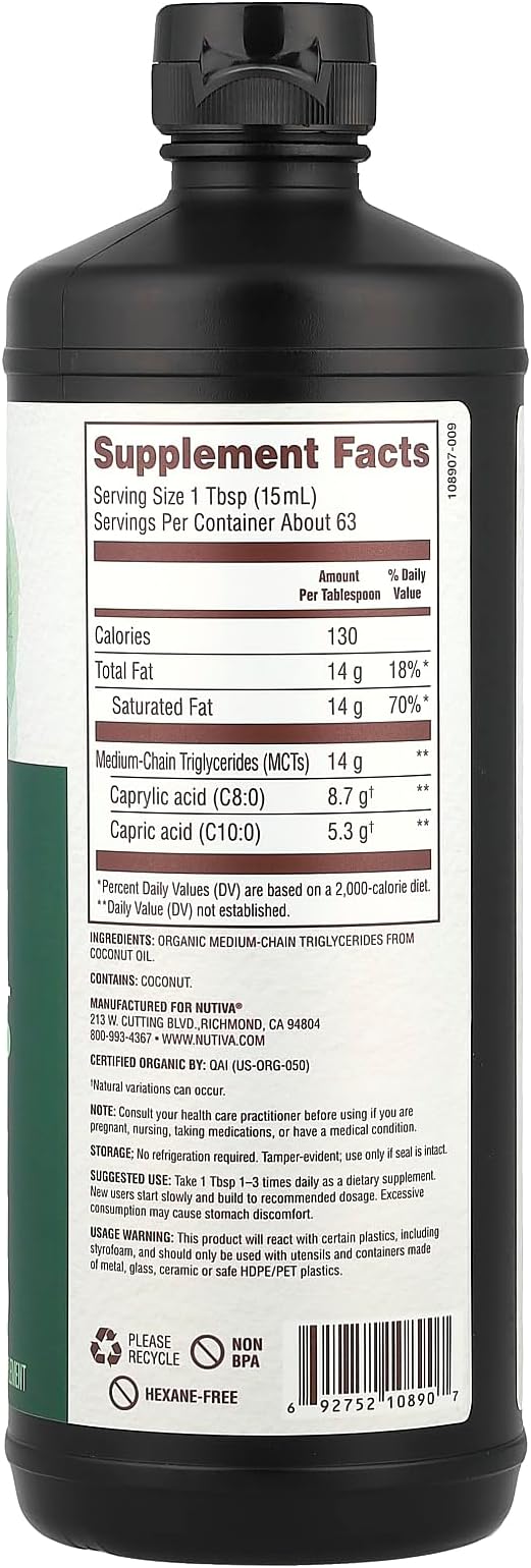 Nutiva Organic MCT Oil, Unflavored, 32 Oz, USDA Organic, Non-GMO, Non-BPA, Whole 30 Approved, Vegan, Gluten-Free & Keto, 14g MCT per Serving & Neutral Flavor for Energy Boost to Coffee, Shakes and Salads