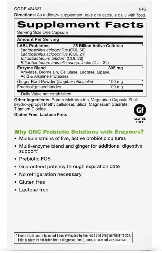 GNC Probiotic Solutions with Enzymes 25 Billion 60 Capsules
