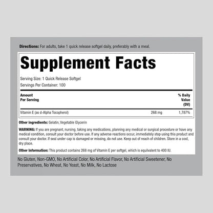 Piping Rock Vitamin E 400 IU Softgels 268mg | 100 Softgel