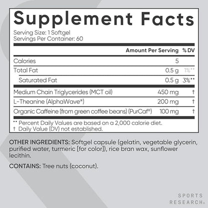 Sports Research L-Theanine Supplement with Caffeine & Coconut MCT Oil - Focused Energy, Alertness & Relaxation Without Drowsiness - 200mg L Theanine, 100mg Organic Caffeine - 60 Liquid Softgels