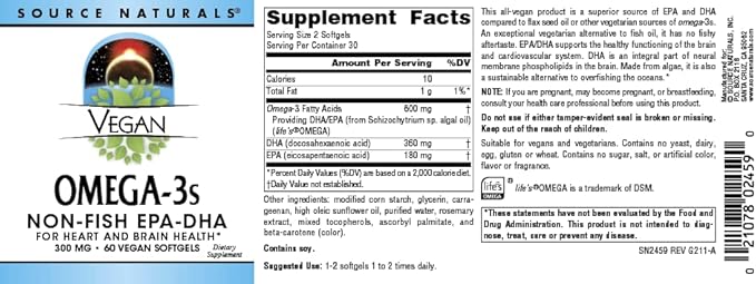 Source Naturals Vegan Omega-3s, Non-Fish EPA-DHA, 300 mg 60 Vegan