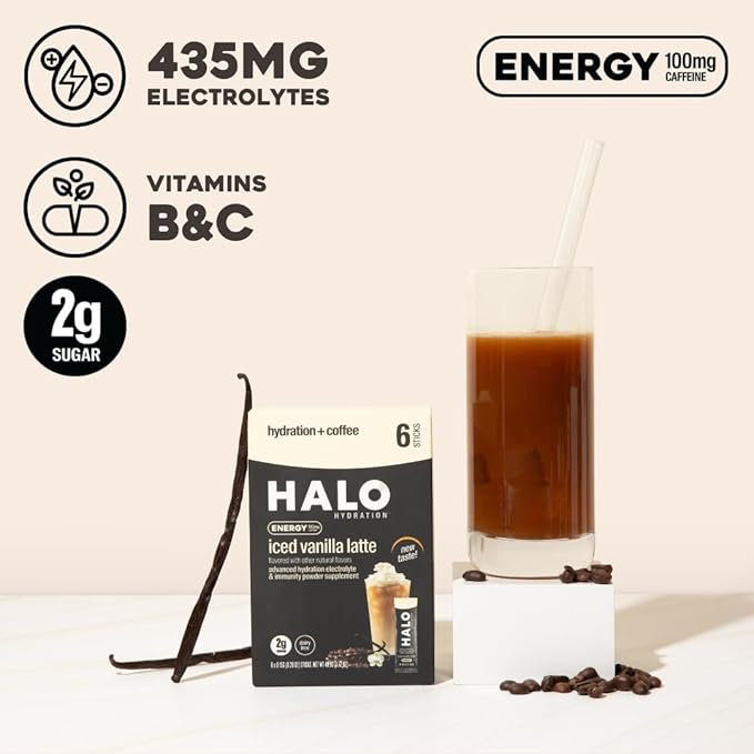 HALO Sport Iced Vanilla Latte - Instant Energy Drink Powder – Healthy Coffee Mix Hydration Electrolytes, Caffeine, Vitamins and Minerals 20 Calories Keto Low Calorie 1 x 12 Sticks, 1.0 grams