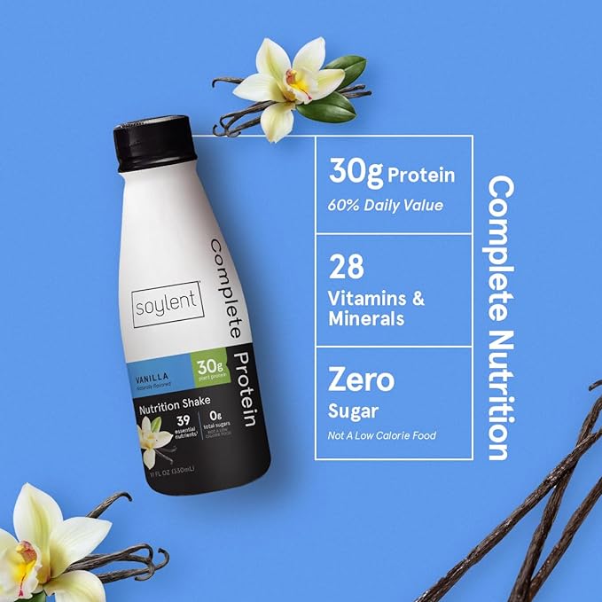 Soylent Complete Protein Shake, Vanilla, 30g Protein, Vegan, Dairy Free and 0g Sugar, Ready to Drink Protein Drinks, 11oz (12 Pack)