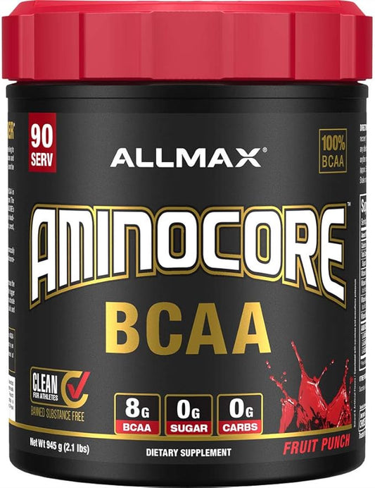 ALLMAX AMINOCORE BCAA, Fruit Punch - 945 g Powder - 8.18 Grams of BCAAs Per Serving - with B Vitamins - No Fillers or Non-BCAA Aminos - Sugar Free - 90 Servings