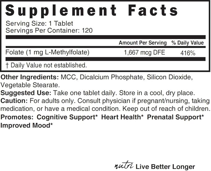 Nutri 5-MTHF L Methylfolate 1MG 4 Month 120 Vegan