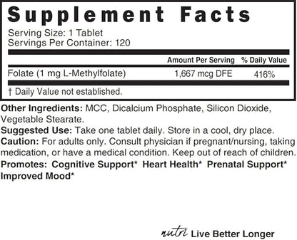 Nutri 5-MTHF L Methylfolate 1MG 4 Month 120 Vegan