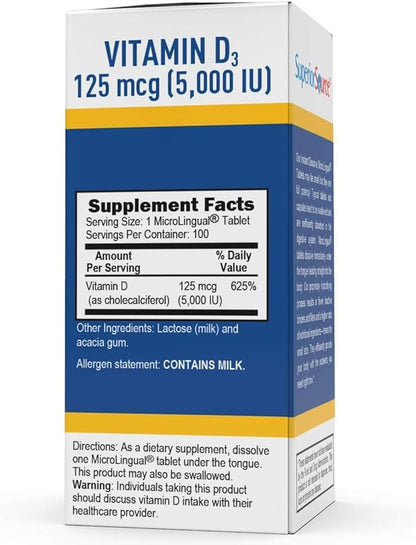 Superior Source Vitamin D3 5000 IU - Offers Immune System, Brain & Nervous System Support - Aids Calcium Absorption for Teeth & Bone Health - Bariatric Friendly - 100 Sublingual Dissolving Tablets
