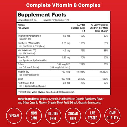NutraChamps Vitamin B Complex for Kids, B1, B2, B3, B6, B7, B9 & Methyl B12, Kids B Complex Liquid Drops Supplement, Energy, Focus, Metabolism, Natural Berry, 120 Servings, 4 Month Supply
