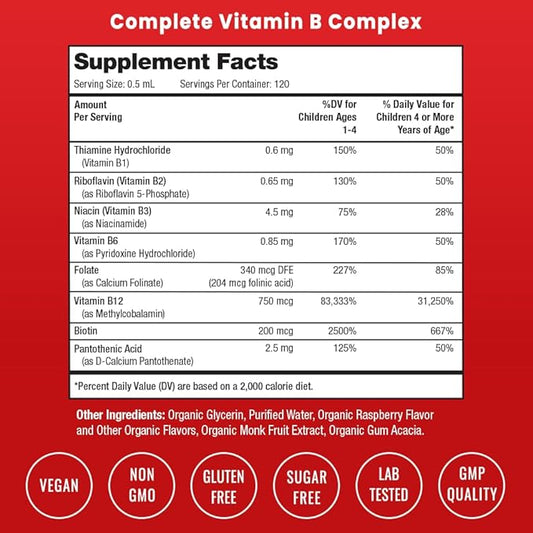 NutraChamps Vitamin B Complex for Kids, B1, B2, B3, B6, B7, B9 & Methyl B12, Kids B Complex Liquid Drops Supplement, Energy, Focus, Metabolism, Natural Berry, 120 Servings, 4 Month Supply