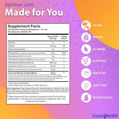 LIQUIDHEALTH Optimum Joint Support Liquid Multivitamin with Glucosamine, Chondroitin, MSM, Hyaluronic Acid - Increase Mobility, Joint Comfort, for Runners & Athletes, Sugar-Free, Vegan (2 Pack)