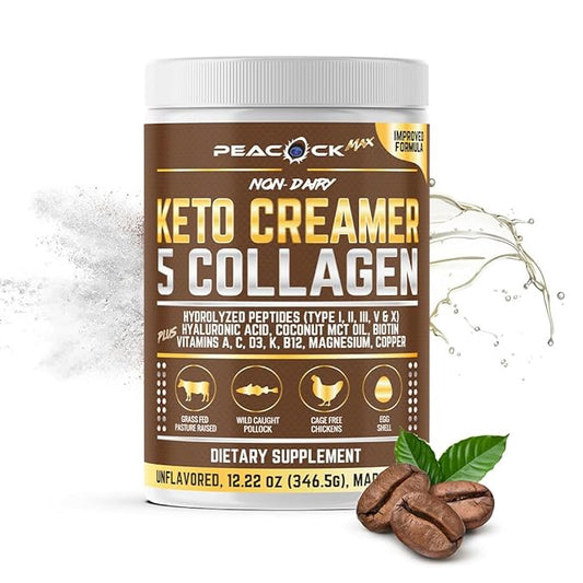 Peacock Max Collagen Keto Creamer Powder, Coconut MCT, Peptides, 12.22 oz, Unflavored, Hydrolyzed, B12, Magnesium (12.22 Ounces (Pack of 1))