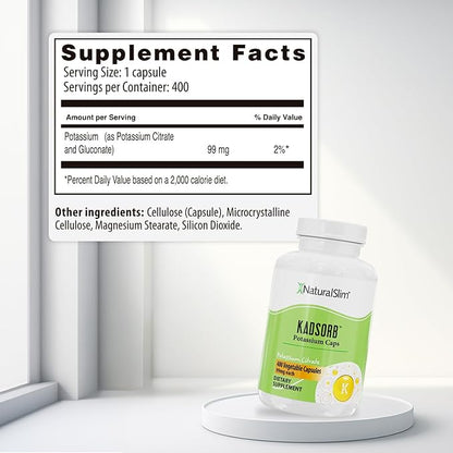 NaturalSlim Kadsorb Natural Potassium Citrate - Supports Electrolyte Balance & Normal PH, Non-GMO & Gluten-Free, Absorbable Potassium Supplement with Essential Minerals - 99 mg 400 Capsules (Solo)