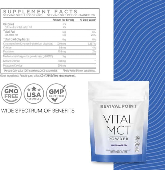 Premium Unflavored MCT Oil Powder with Keto Electrolytes- Creamer for Coffee, Tea, and Shakes- Includes 15x Bioavailable Chromium Picolinate, C10 and C8 MCT Oil Derived from Coconuts – 120 Grams