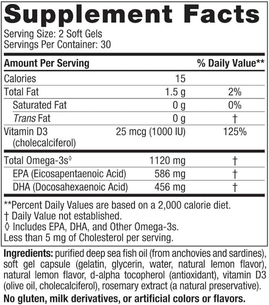 Nordic Naturals Ultimate Omega 2X Mini D3, Lemon 1120 mg Omega-3 + 1000 IU D3-60 Mini Omega-3 Fish 30 Servings